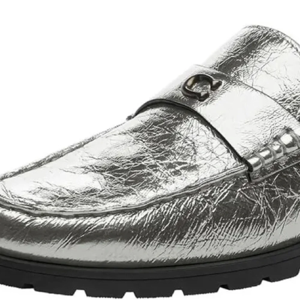 Coach‎ Jocelyn Crinkle Leather Logo Silver Loafers Size 6 NWT